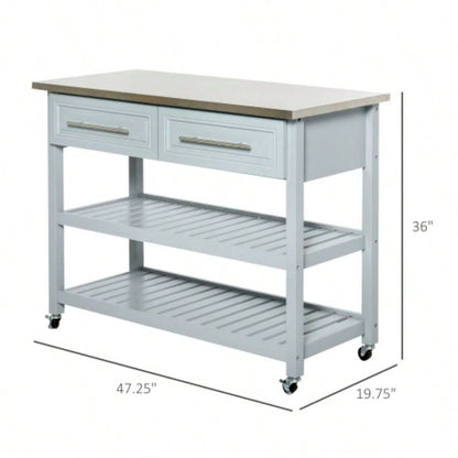 HOMCOM Kitchen Island with Stainless Steel Top, Traditional Kitchen Island with Storage, 2 - Tier Open Shelves, Drawers, Light Gray