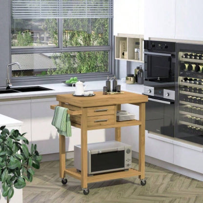 HOMCOM Kitchen Island Cart on Wheels, Utility Trolley Cart with 2 Storage Drawers and Open Shelves, Tone
