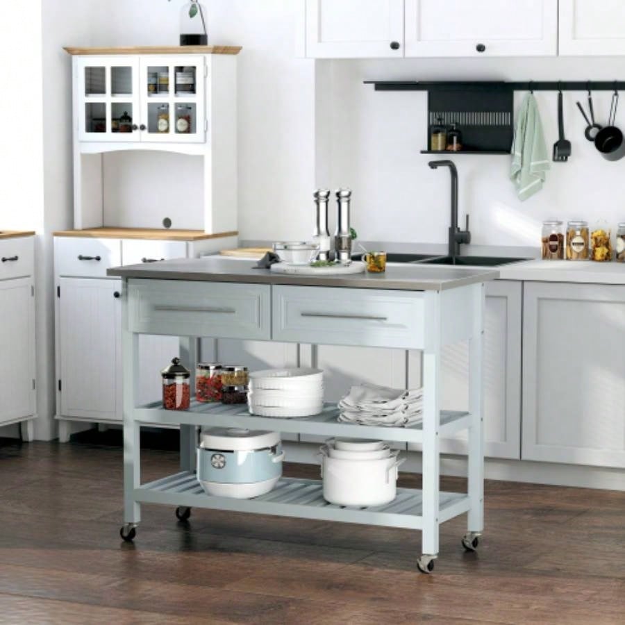 HOMCOM Kitchen Island with Stainless Steel Top, Traditional Kitchen Island with Storage, 2 - Tier Open Shelves, Drawers, Light Gray
