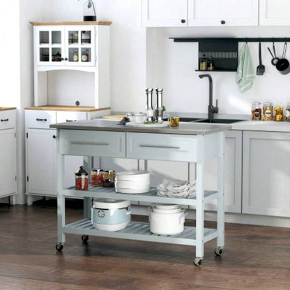 HOMCOM Kitchen Island with Stainless Steel Top, Traditional Kitchen Island with Storage, 2 - Tier Open Shelves, Drawers, Light Gray