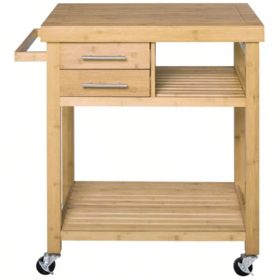 HOMCOM Kitchen Island Cart on Wheels, Utility Trolley Cart with 2 Storage Drawers and Open Shelves, Tone