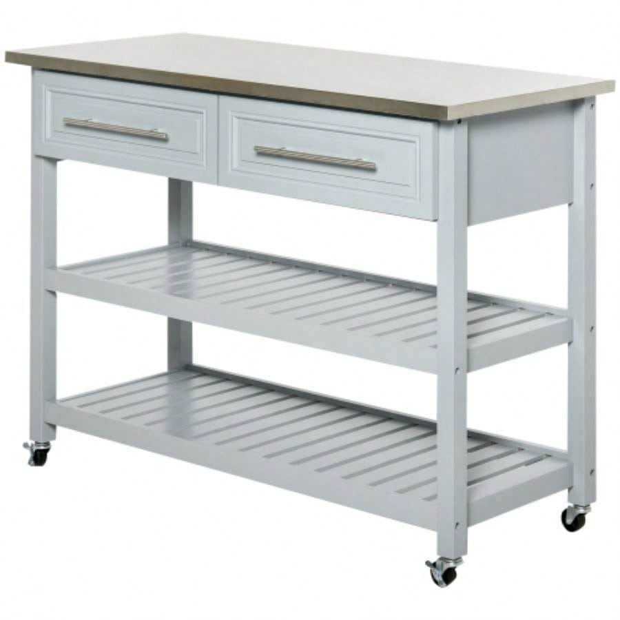 HOMCOM Kitchen Island with Stainless Steel Top, Traditional Kitchen Island with Storage, 2 - Tier Open Shelves, Drawers, Light Gray