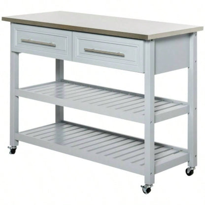 HOMCOM Kitchen Island with Stainless Steel Top, Traditional Kitchen Island with Storage, 2 - Tier Open Shelves, Drawers, Light Gray