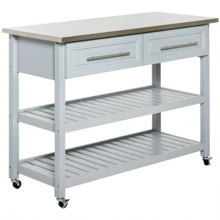 HOMCOM Kitchen Island with Stainless Steel Top, Traditional Kitchen Island with Storage, 2 - Tier Open Shelves, Drawers, Light Gray