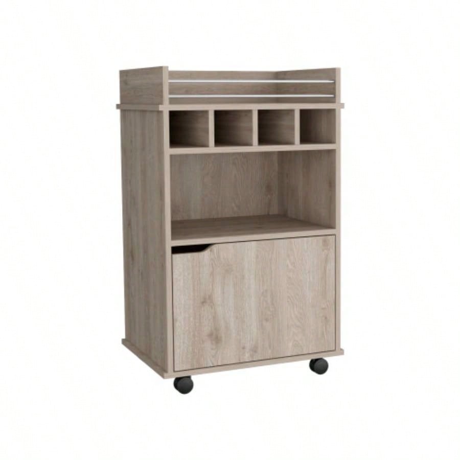 DEPOT E - SHOP Sims 35 H Bar Cart with Two Shelves four Wine Cubbies and One Cabinet, Light Pine