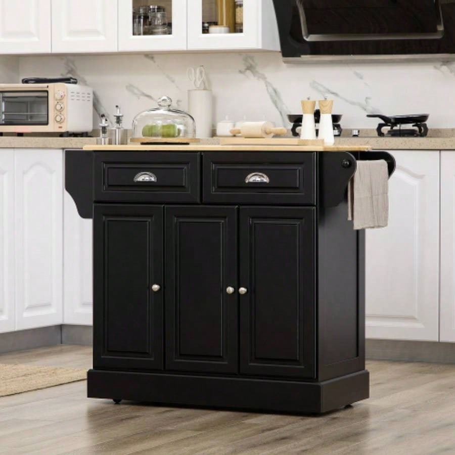 HOMCOM Rolling Kitchen Island with Storage, Kitchen Cart with Wheels and Wood Countertop, Utility Cart with 2 Drawers, 3 Cabinets, Towel Rack and Spice Stand, Black