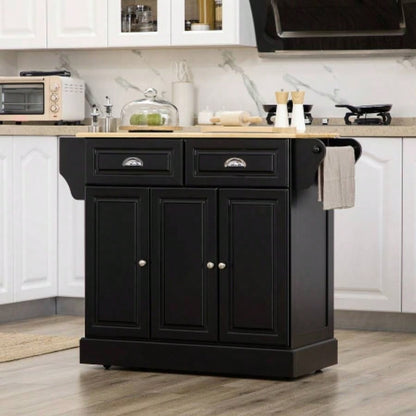 HOMCOM Rolling Kitchen Island with Storage, Kitchen Cart with Wheels and Wood Countertop, Utility Cart with 2 Drawers, 3 Cabinets, Towel Rack and Spice Stand, Black