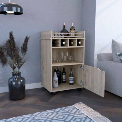 DEPOT E - SHOP Sims 35 H Bar Cart with Two Shelves four Wine Cubbies and One Cabinet, Light Pine