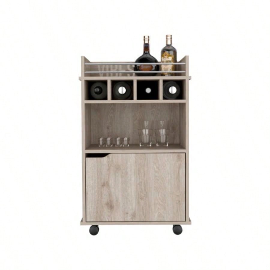 DEPOT E - SHOP Sims 35 H Bar Cart with Two Shelves four Wine Cubbies and One Cabinet, Light Pine