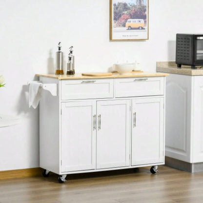 Mobile Kitchen Island with Storage, Kitchen Cart with Wood Top, Storage Drawers, 3 - door Cabinets, Adjustable Shelves and Towel Rack, White