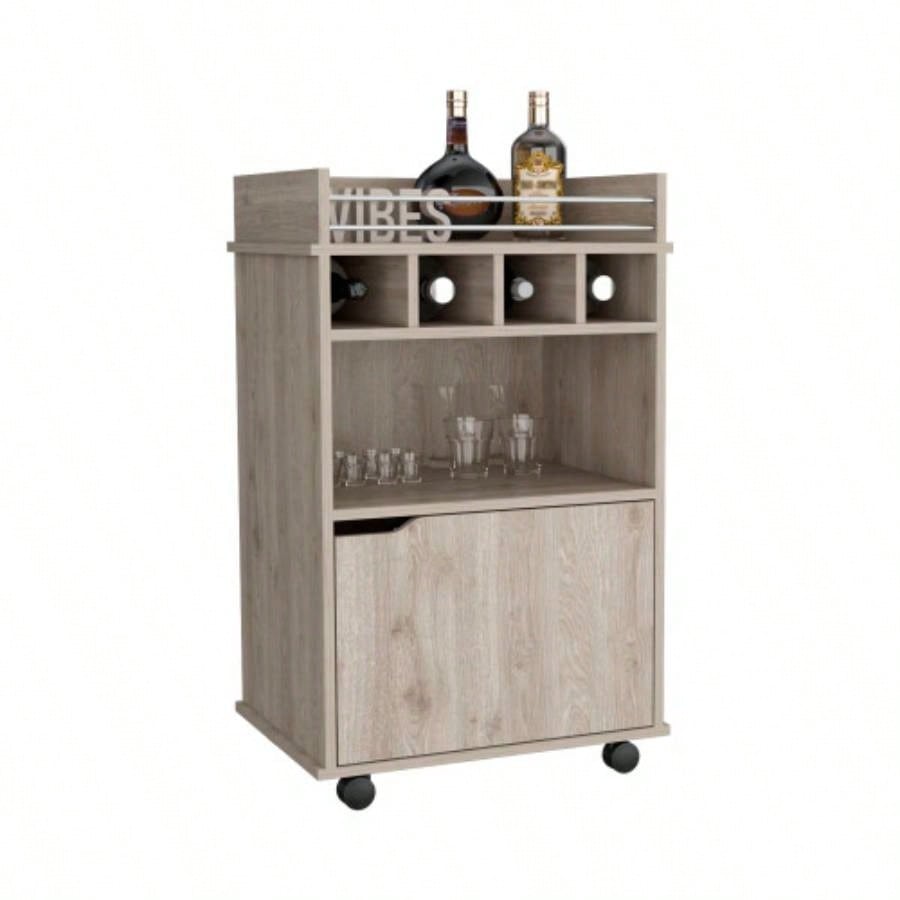 DEPOT E - SHOP Sims 35 H Bar Cart with Two Shelves four Wine Cubbies and One Cabinet, Light Pine