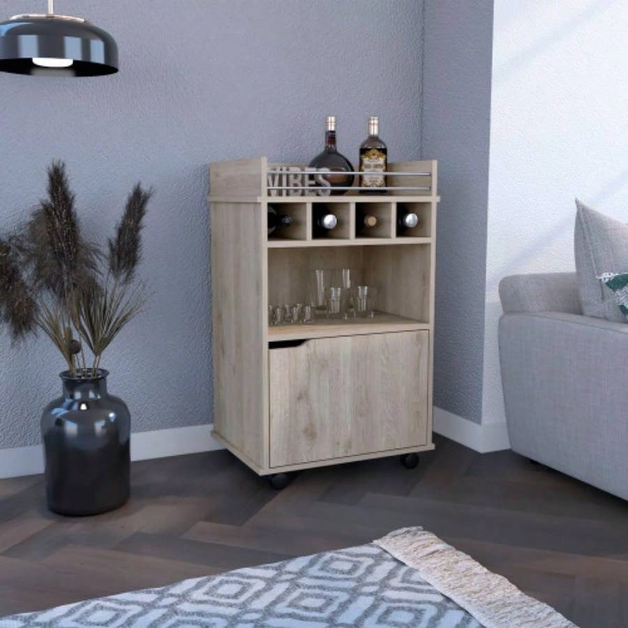 DEPOT E - SHOP Sims 35 H Bar Cart with Two Shelves four Wine Cubbies and One Cabinet, Light Pine
