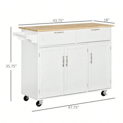 Mobile Kitchen Island with Storage, Kitchen Cart with Wood Top, Storage Drawers, 3 - door Cabinets, Adjustable Shelves and Towel Rack, White