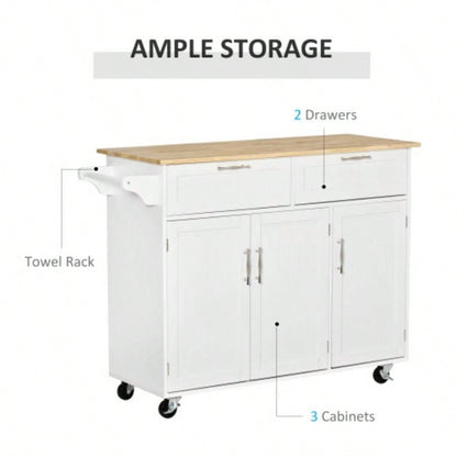 Mobile Kitchen Island with Storage, Kitchen Cart with Wood Top, Storage Drawers, 3 - door Cabinets, Adjustable Shelves and Towel Rack, White