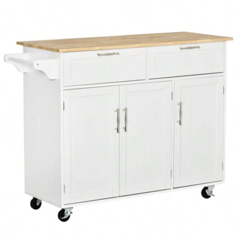 Mobile Kitchen Island with Storage, Kitchen Cart with Wood Top, Storage Drawers, 3 - door Cabinets, Adjustable Shelves and Towel Rack, White