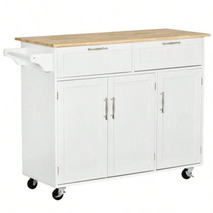 Mobile Kitchen Island with Storage, Kitchen Cart with Wood Top, Storage Drawers, 3 - door Cabinets, Adjustable Shelves and Towel Rack, White