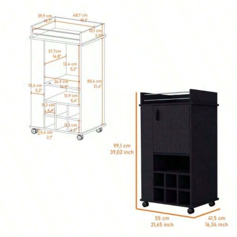 Allandale 1 - Door Bar Cart with Wine Rack and Casters Black