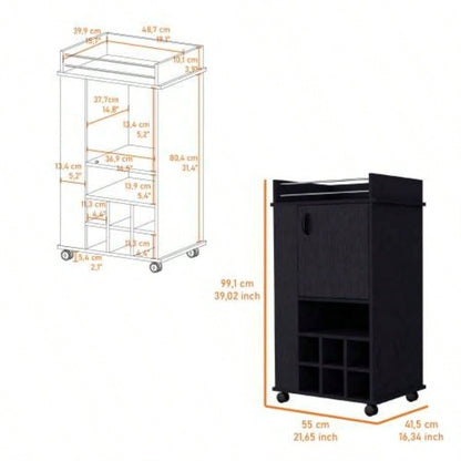 Allandale 1 - Door Bar Cart with Wine Rack and Casters Black