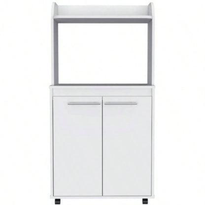 Kira Kitchen Kart, Double Door Cabinet, One Open Shelf, Two Interior Shelves - White