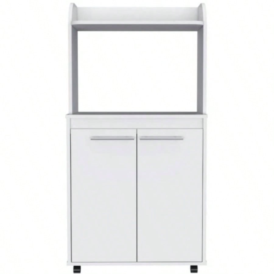 Kira Kitchen Kart, Double Door Cabinet, One Open Shelf, Two Interior Shelves - White