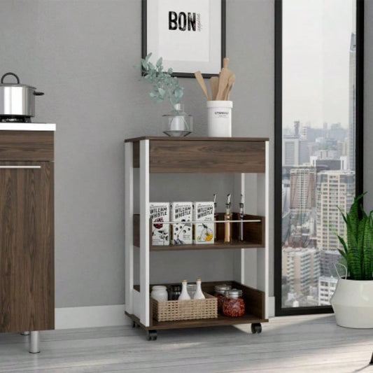 Verona Kitchen Cart, Three Shelves, Four Casters - White/ Dark Walnut