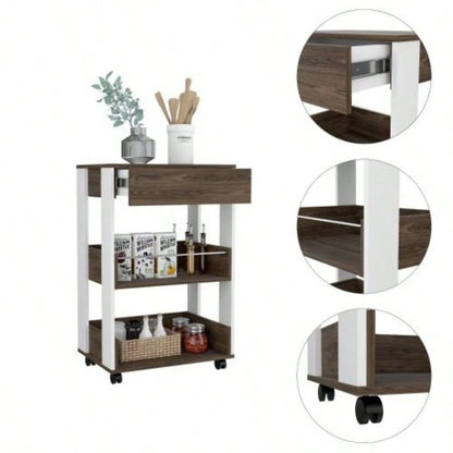 Verona Kitchen Cart, Three Shelves, Four Casters - White/ Dark Walnut