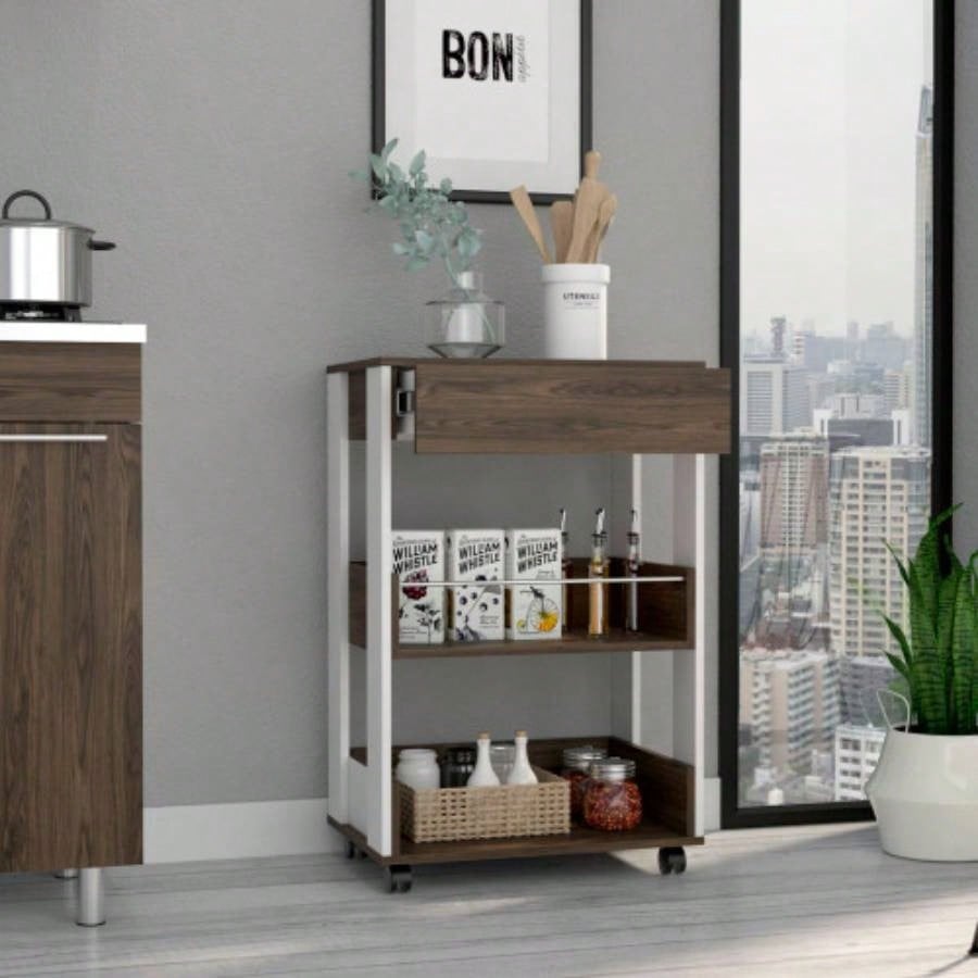 Verona Kitchen Cart, Three Shelves, Four Casters - White/ Dark Walnut