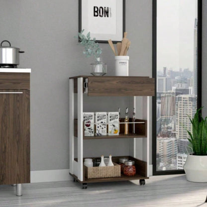 Verona Kitchen Cart, Three Shelves, Four Casters - White/ Dark Walnut