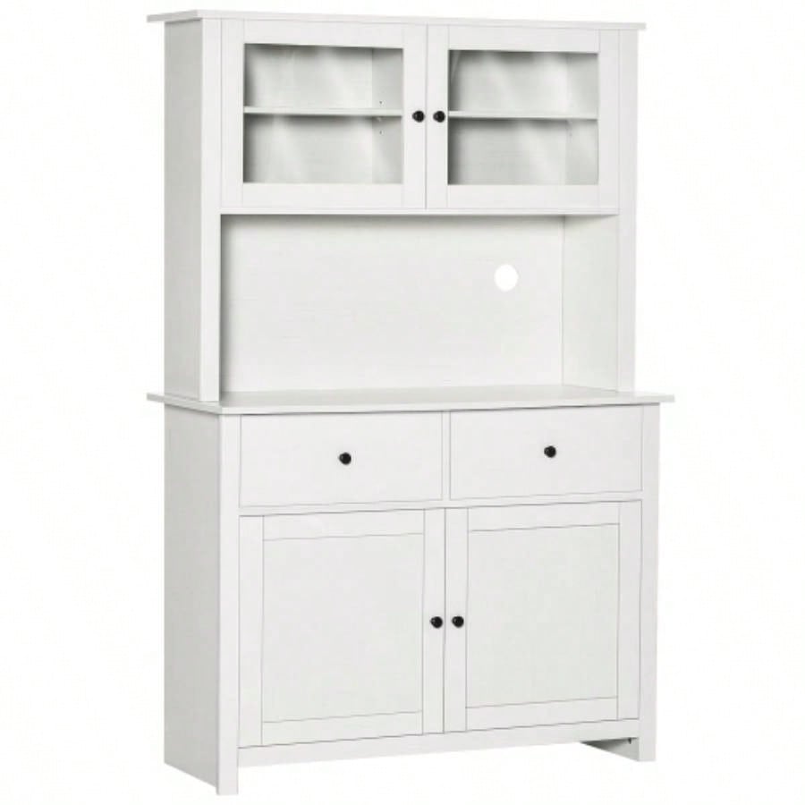 HOMCOM 63.5 Kitchen Buffet with Hutch, Pantry Storage Cabinet with 4 Shelves, Drawers, Framed Glass Doors, Open Microwave Countertop, Antique White