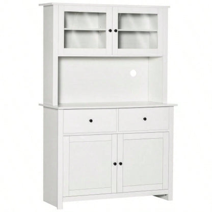 HOMCOM 63.5 Kitchen Buffet with Hutch, Pantry Storage Cabinet with 4 Shelves, Drawers, Framed Glass Doors, Open Microwave Countertop, Antique White
