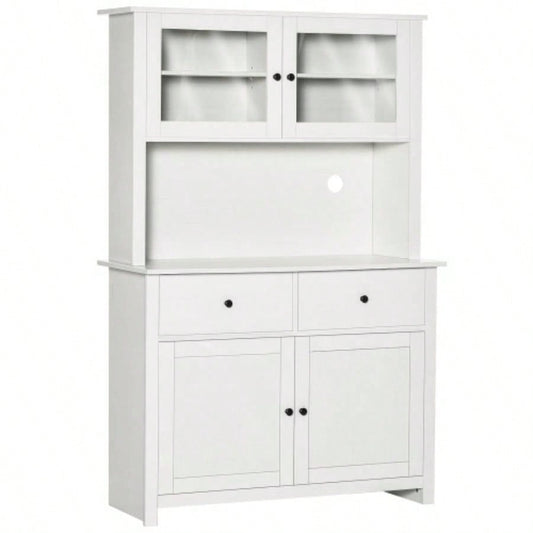 HOMCOM 63.5 Kitchen Buffet with Hutch, Pantry Storage Cabinet with 4 Shelves, Drawers, Framed Glass Doors, Open Microwave Countertop, Antique White