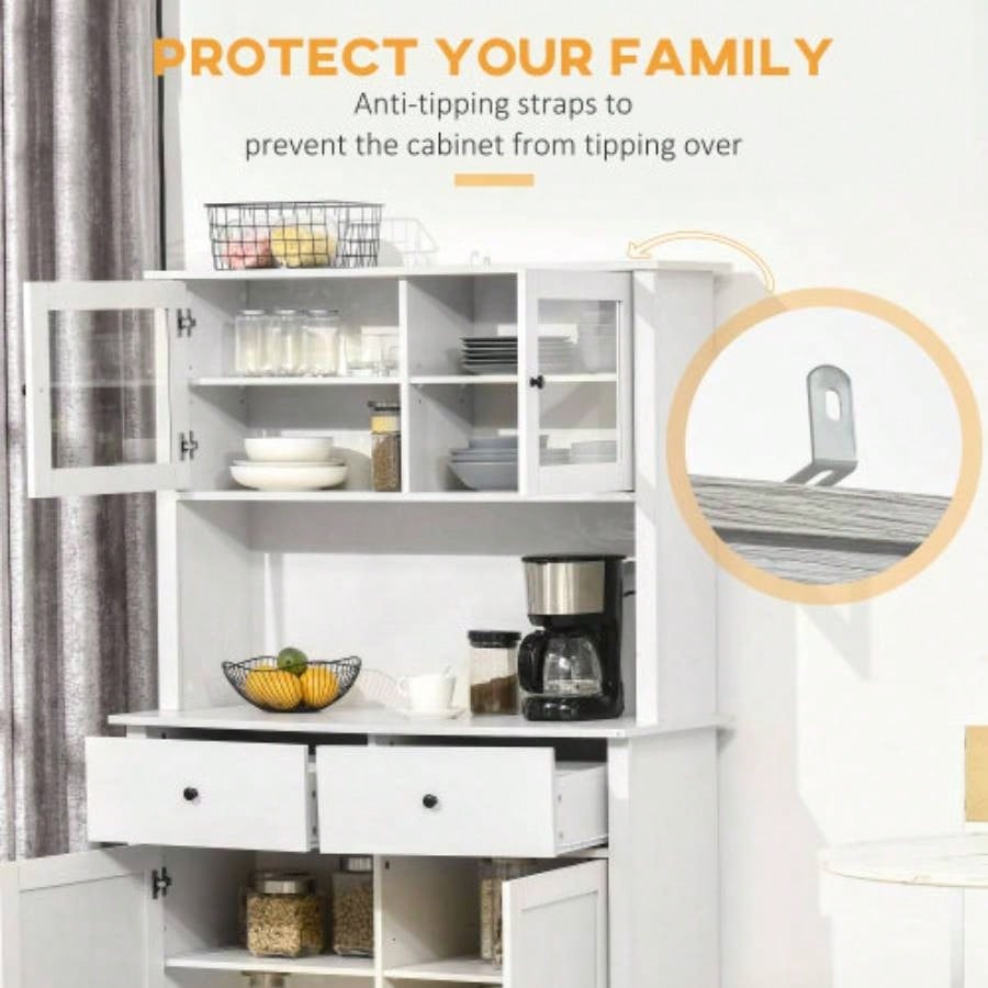 HOMCOM 63.5 Kitchen Buffet with Hutch, Pantry Storage Cabinet with 4 Shelves, Drawers, Framed Glass Doors, Open Microwave Countertop, Antique White