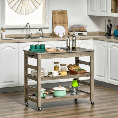 HOMCOM Rolling Kitchen Cart with Stainless Steel Countertop, 1 Bottom Shelf, 1 Slotted Middle Shelf and 4 Castor Wheels,