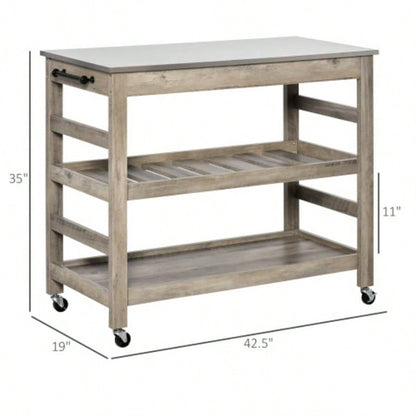 HOMCOM Rolling Kitchen Cart with Stainless Steel Countertop, 1 Bottom Shelf, 1 Slotted Middle Shelf and 4 Castor Wheels,