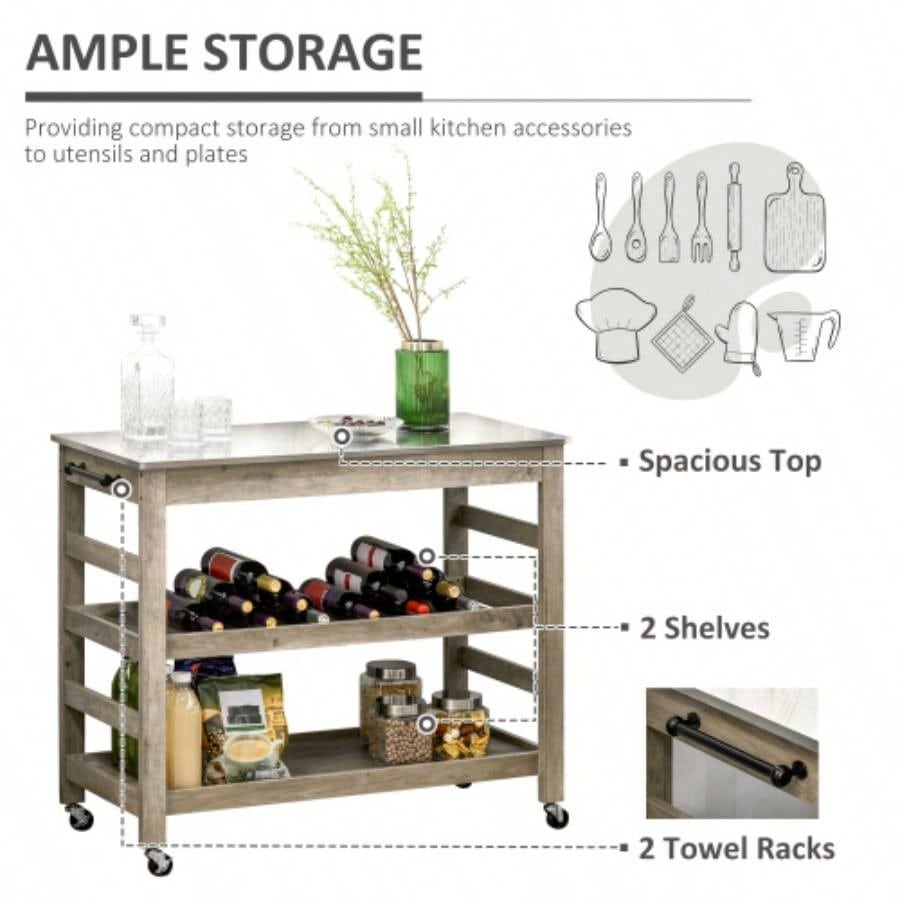 HOMCOM Rolling Kitchen Cart with Stainless Steel Countertop, 1 Bottom Shelf, 1 Slotted Middle Shelf and 4 Castor Wheels,