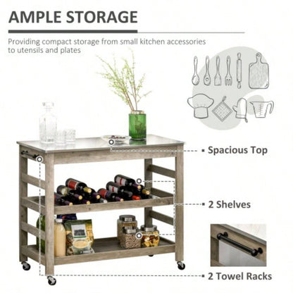 HOMCOM Rolling Kitchen Cart with Stainless Steel Countertop, 1 Bottom Shelf, 1 Slotted Middle Shelf and 4 Castor Wheels,