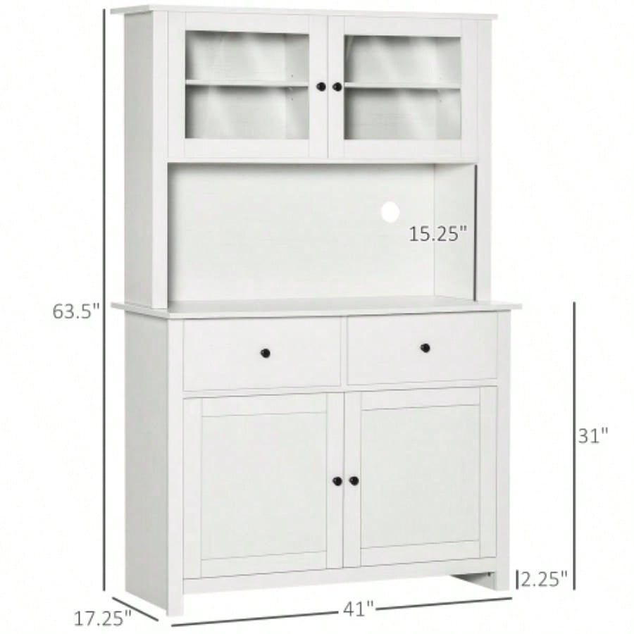 HOMCOM 63.5 Kitchen Buffet with Hutch, Pantry Storage Cabinet with 4 Shelves, Drawers, Framed Glass Doors, Open Microwave Countertop, Antique White
