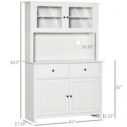 HOMCOM 63.5 Kitchen Buffet with Hutch, Pantry Storage Cabinet with 4 Shelves, Drawers, Framed Glass Doors, Open Microwave Countertop, Antique White