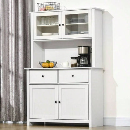 HOMCOM 63.5 Kitchen Buffet with Hutch, Pantry Storage Cabinet with 4 Shelves, Drawers, Framed Glass Doors, Open Microwave Countertop, Antique White