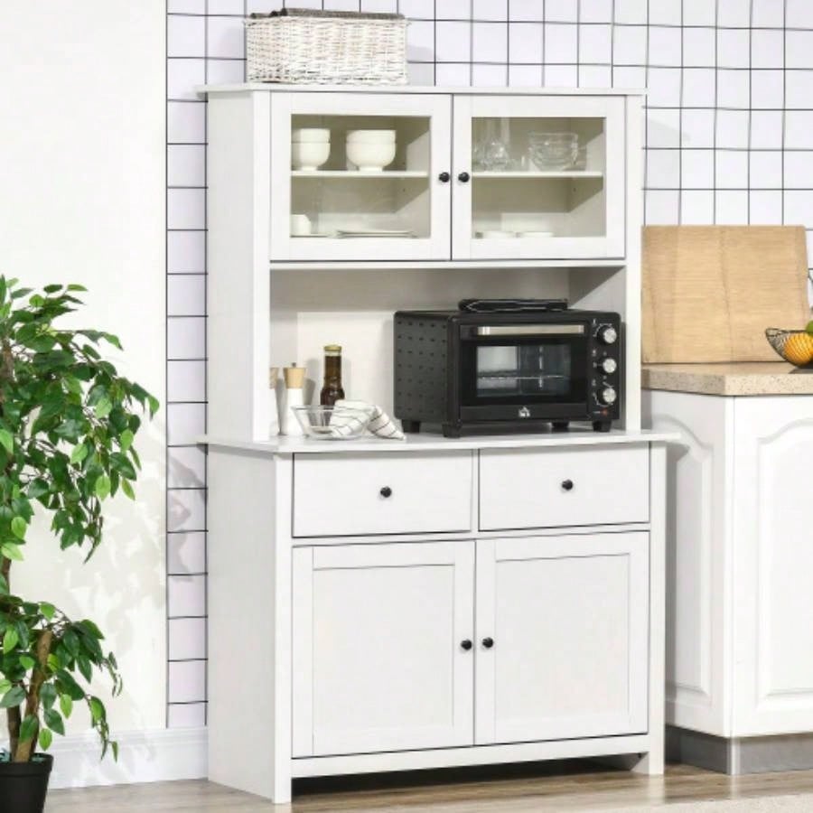 HOMCOM 63.5 Kitchen Buffet with Hutch, Pantry Storage Cabinet with 4 Shelves, Drawers, Framed Glass Doors, Open Microwave Countertop, Antique White