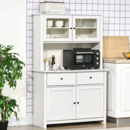 HOMCOM 63.5 Kitchen Buffet with Hutch, Pantry Storage Cabinet with 4 Shelves, Drawers, Framed Glass Doors, Open Microwave Countertop, Antique White