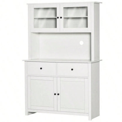 HOMCOM 63.5 Kitchen Buffet with Hutch, Pantry Storage Cabinet with 4 Shelves, Drawers, Framed Glass Doors, Open Microwave Countertop, Antique White