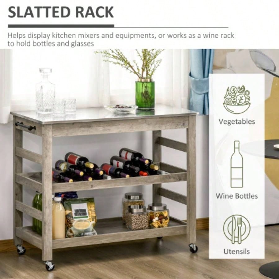 HOMCOM Rolling Kitchen Cart with Stainless Steel Countertop, 1 Bottom Shelf, 1 Slotted Middle Shelf and 4 Castor Wheels,