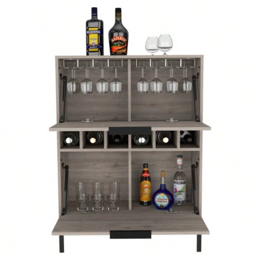 Bar Cabinet Puertu, Six Wine Cubbies, Double Door Cabinet, Light Gray