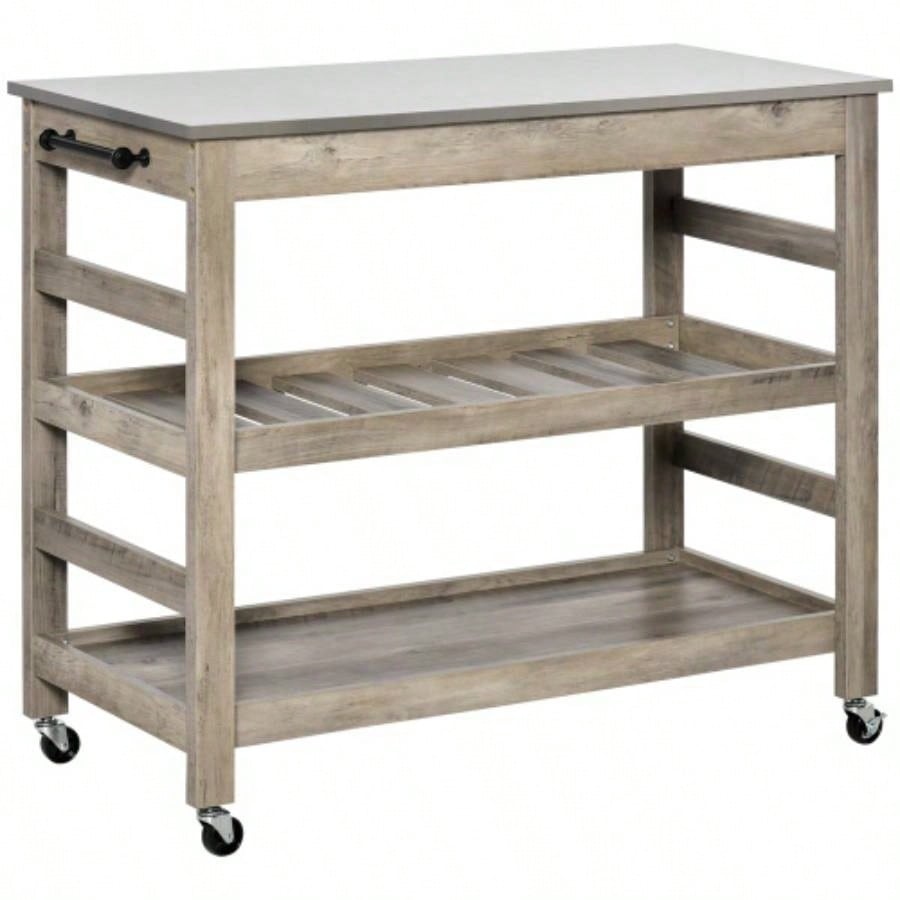 HOMCOM Rolling Kitchen Cart with Stainless Steel Countertop, 1 Bottom Shelf, 1 Slotted Middle Shelf and 4 Castor Wheels,