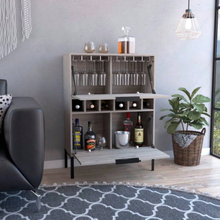 Bar Cabinet Puertu, Six Wine Cubbies, Double Door Cabinet, Light Gray