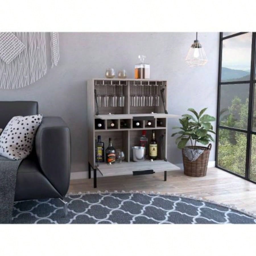 Bar Cabinet Puertu, Six Wine Cubbies, Double Door Cabinet, Light Gray