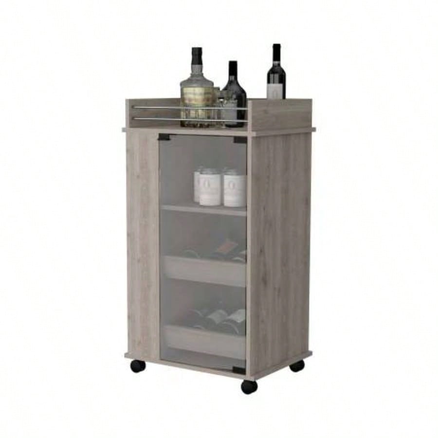 Willow Park Glass Door Bar Cart with Bottle Holder and Casters Light Gray