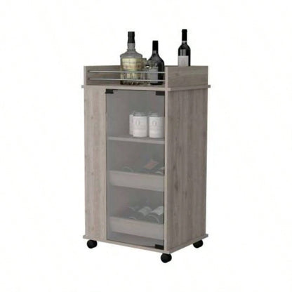Willow Park Glass Door Bar Cart with Bottle Holder and Casters Light Gray