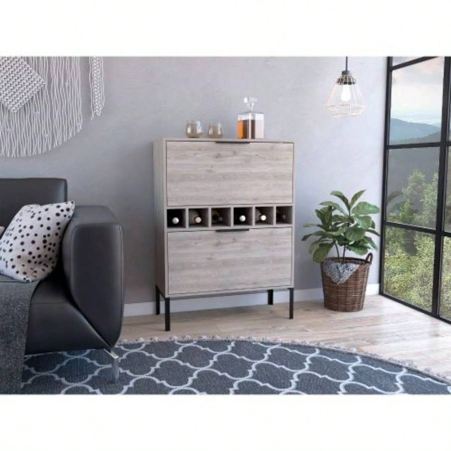 Bar Cabinet Puertu, Six Wine Cubbies, Double Door Cabinet, Light Gray